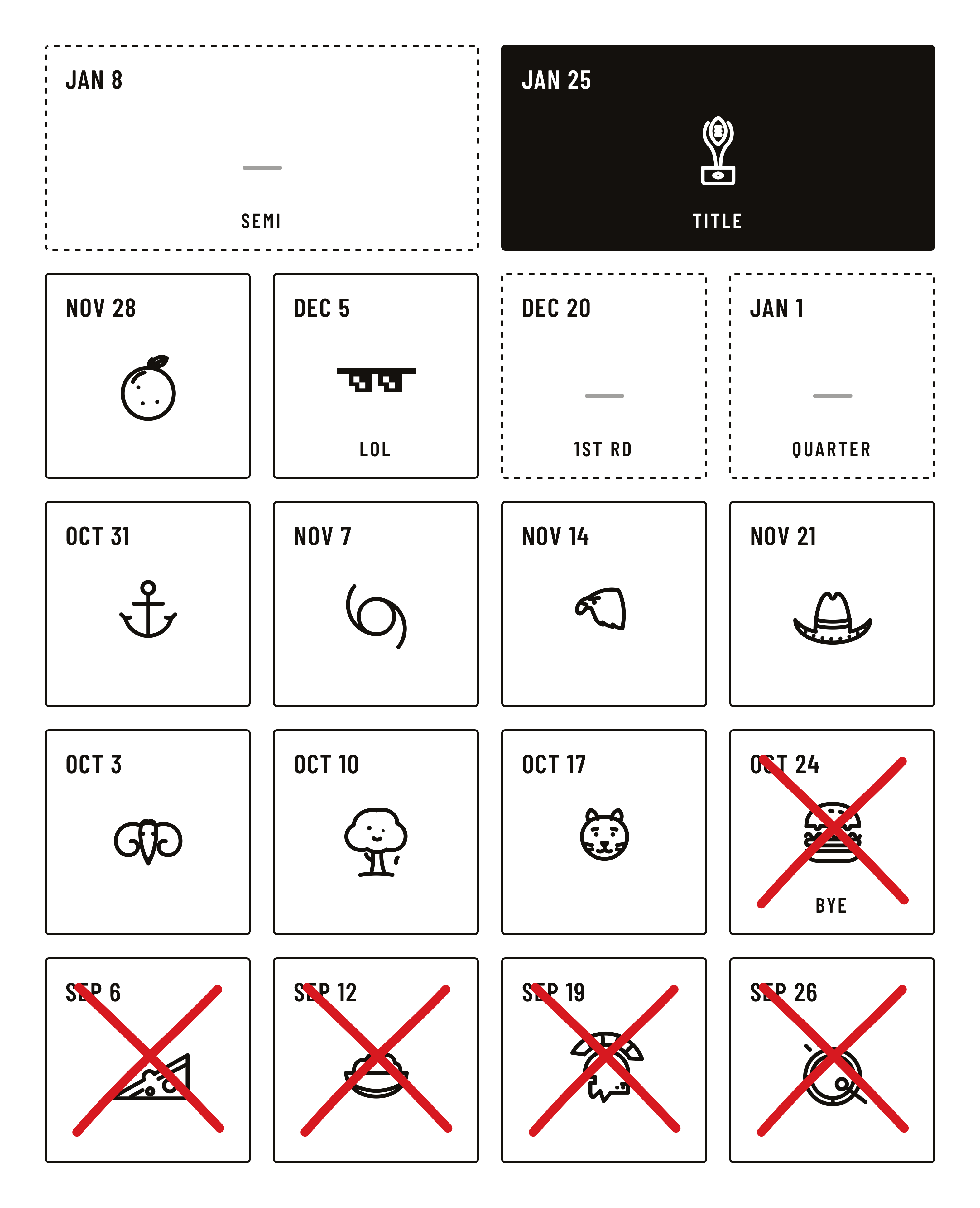 The full season schedule grid — one box per game, wins crossed off with the marker